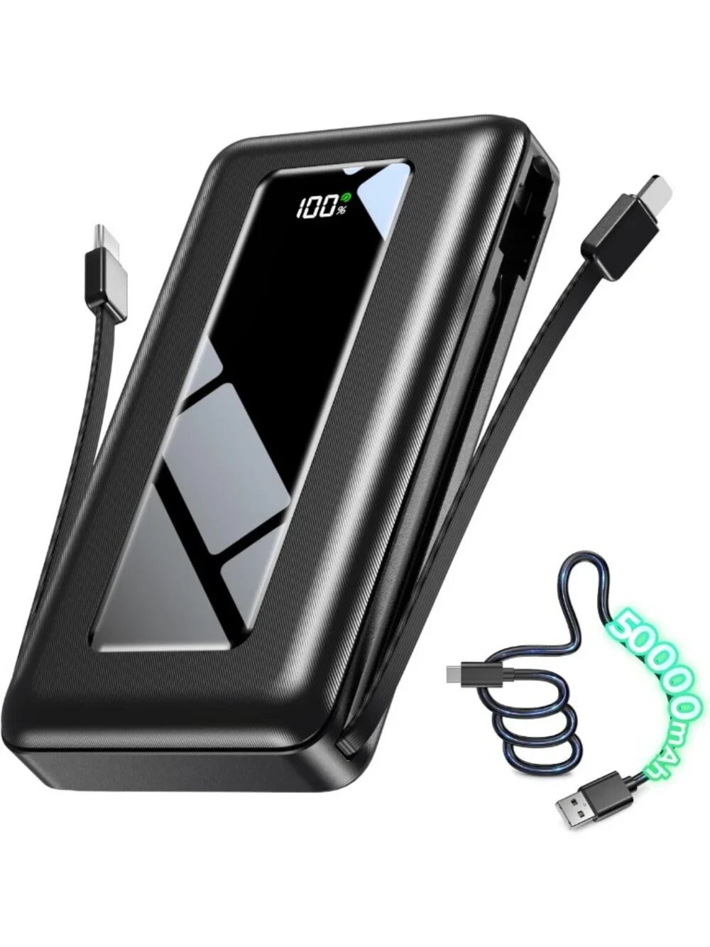 High-Capacity 50000mAh Portable Power Bank, Fast Charging, Built-in Cables